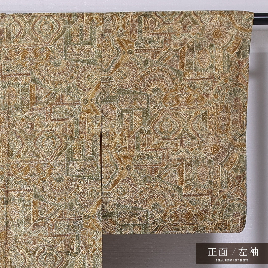 大島紬 袷 身丈161cm 裄丈62cm 正絹 Aランク インフォーマル 広衿 Lサイズ 経緯絣 創作柄 黄系 RP 1223-11826