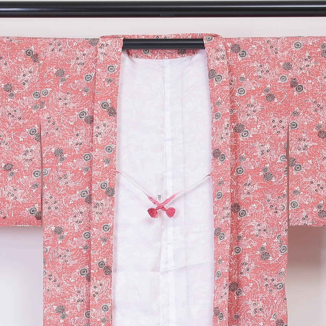 洗える着物 羽織 袷 身丈61cm 裄丈63cm ポリエステル Cランク カジュアル Sサイズ 紐あり 花柄 ピンク系 HP 1232-06050