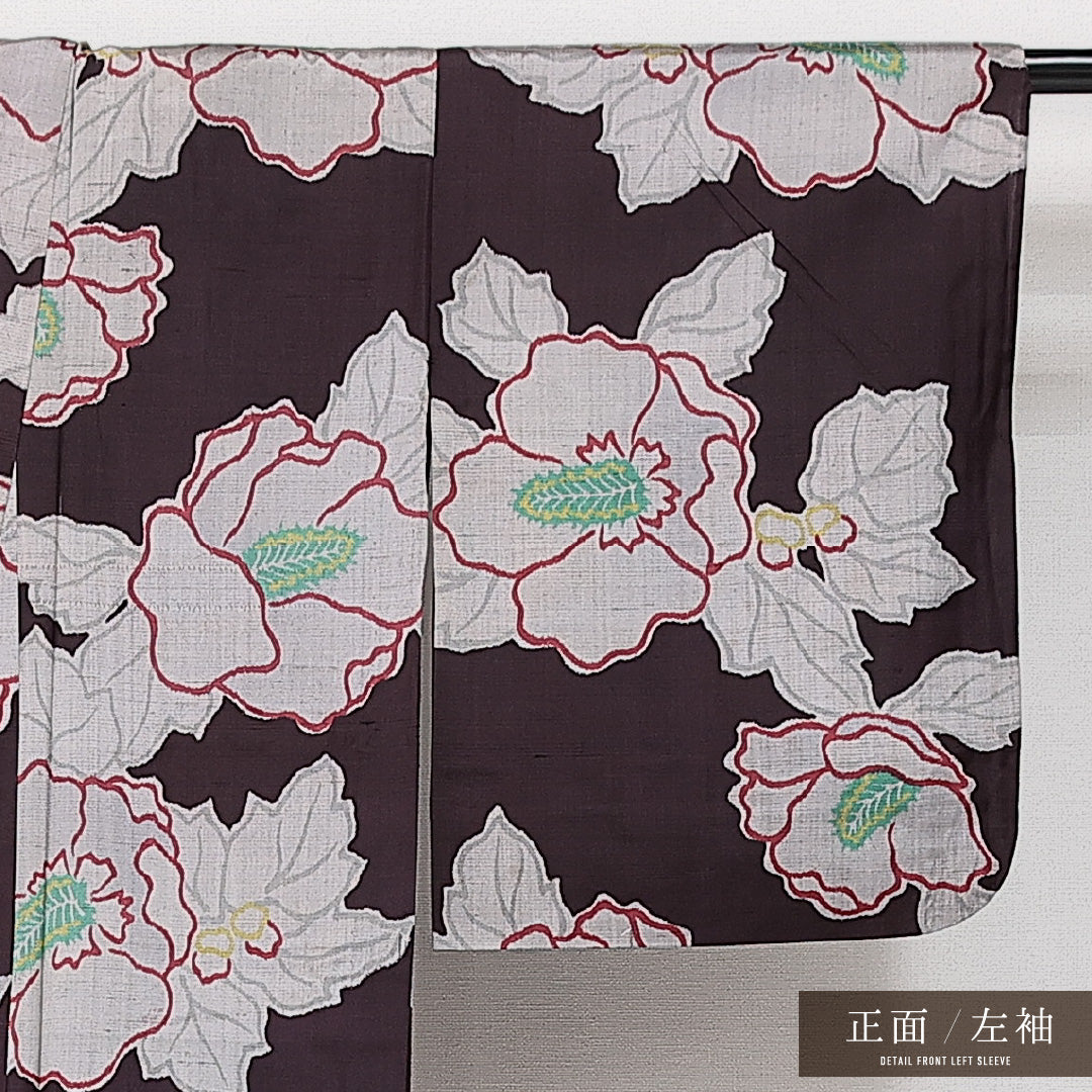 アンティーク 小紋 単衣 身丈150cm 裄丈61cm 正絹 Bランク バチ衿 Sサイズ 居敷当て 牡丹 茶系 RP 1221-14239