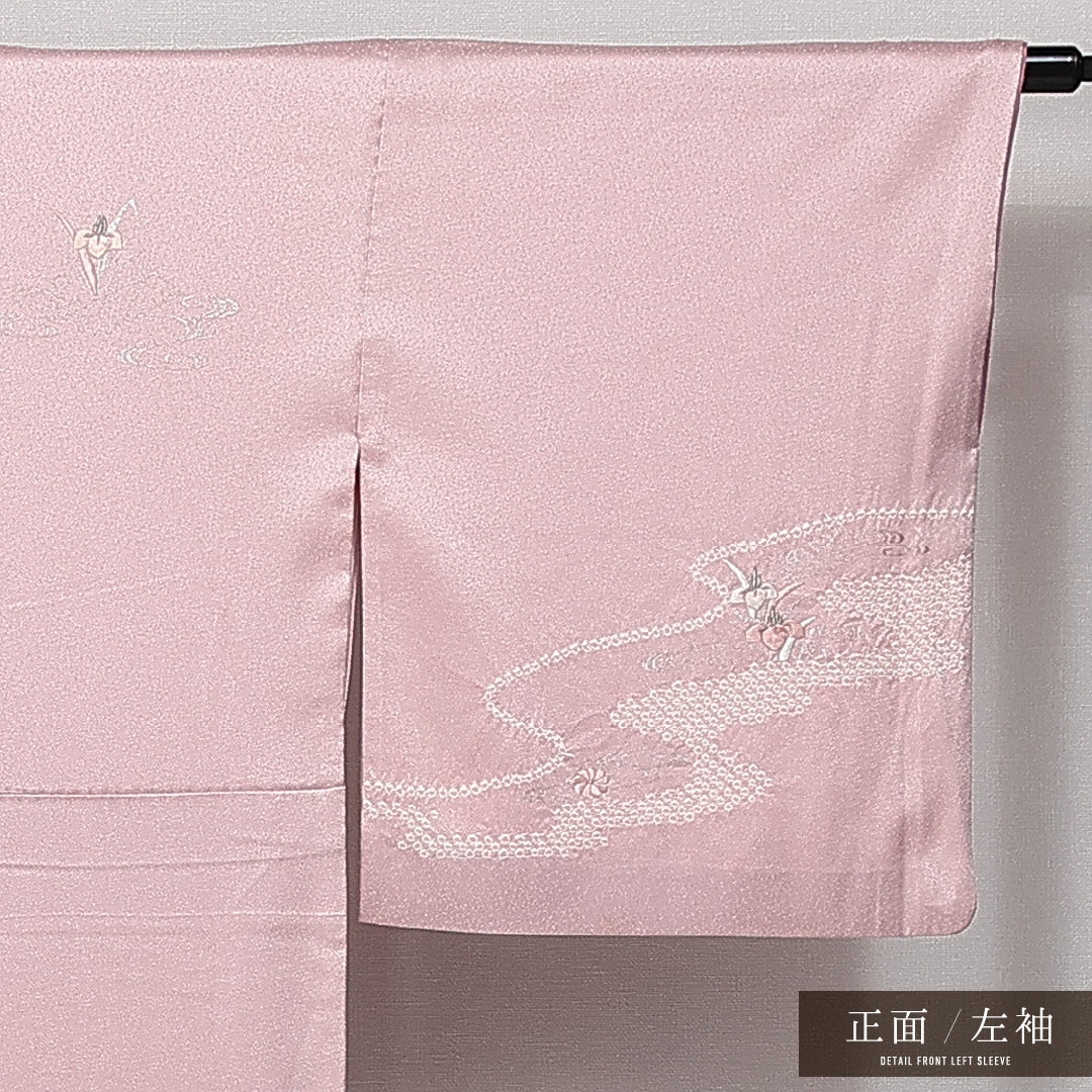 訪問着 袷 絞り 身丈154cm 裄丈65cm Aランク 正絹 広衿 Sサイズ セミフォーマル 蘇州刺繍 流水 杜若 可憐 しとやか ピンク系 1212-14387