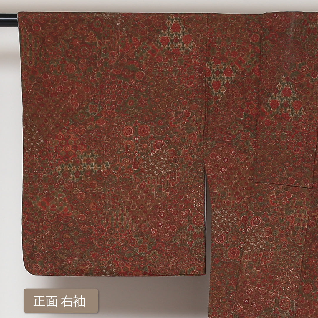 小紋 袷 身丈163cm 裄丈67cm 正絹 Aランク インフォーマル 広衿 Lサイズ 更紗 植物柄 茶系 HP 1221-01604