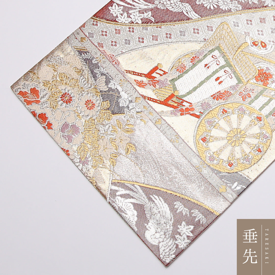 袋帯 帯丈434cm 正絹 六通 金繍功彩文 フォーマル 佐賀錦 御所車 金系 1243-01047
