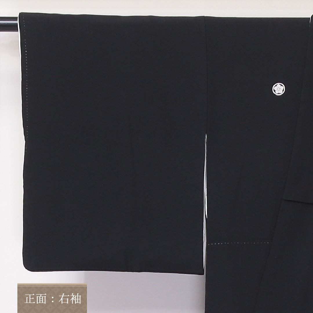 黒留袖 五つ紋 丸に桔梗 身丈141cm 裄丈60cm Bランク 正絹 袷 比翼 広衿 XS 落款 金箔 平安絵巻 梅 フォーマル 黒系 1211-F0241
