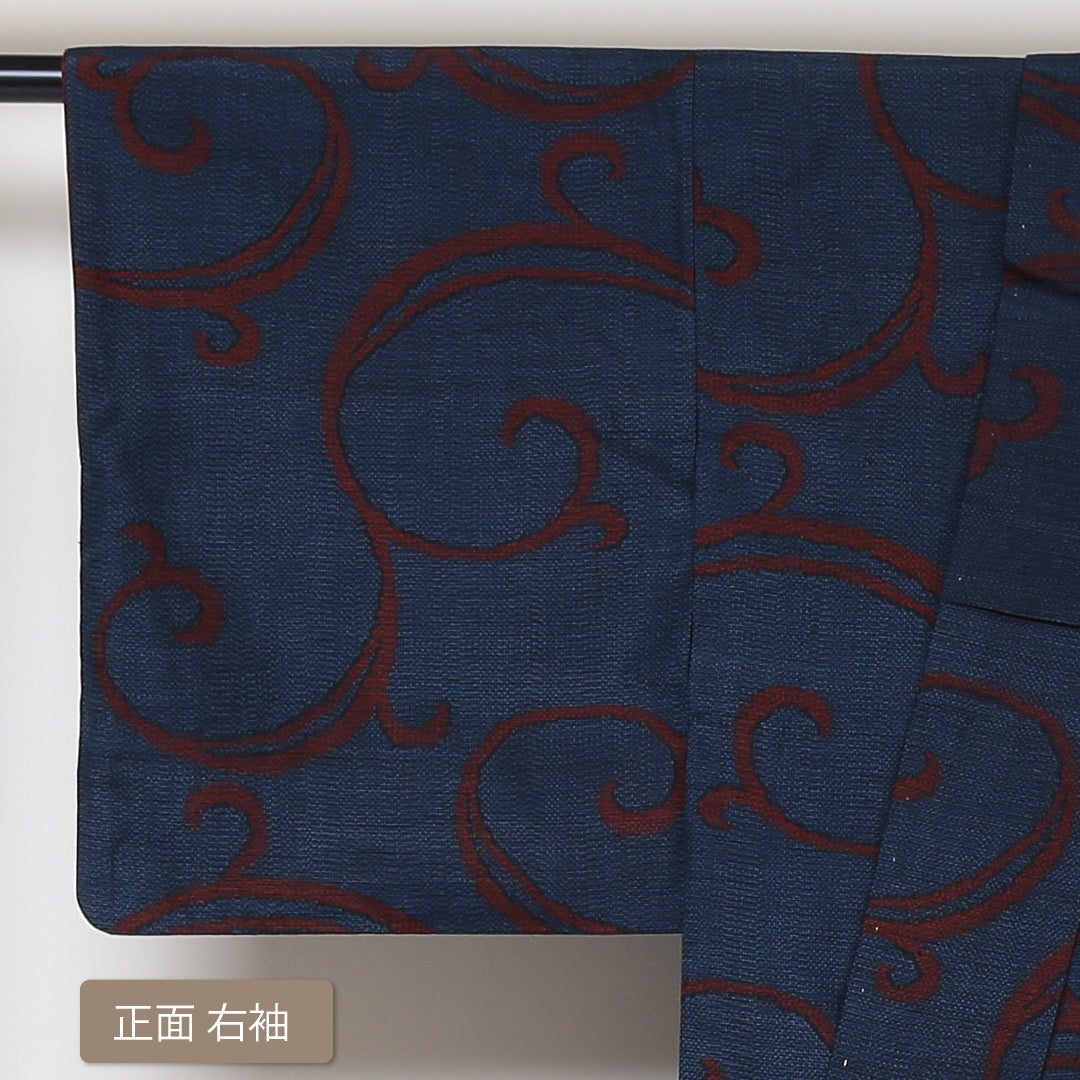 紬 袷 身丈152cm 裄63cm 正絹 紺系 Aランク 真綿紬 唐草 1216-00539-3218 1216-00539