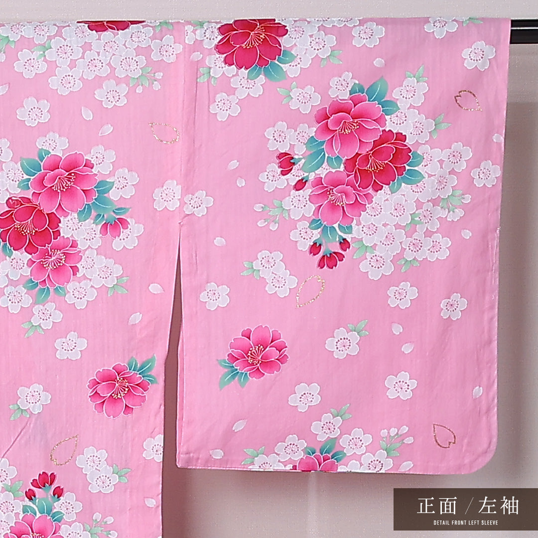 夏物 浴衣 身丈165cm 裄丈66.5cm Aランク XL 木綿 洗える着物 夏物 バチ衿 牡丹 桜 梅 カジュアル ピンク系 1218-12454