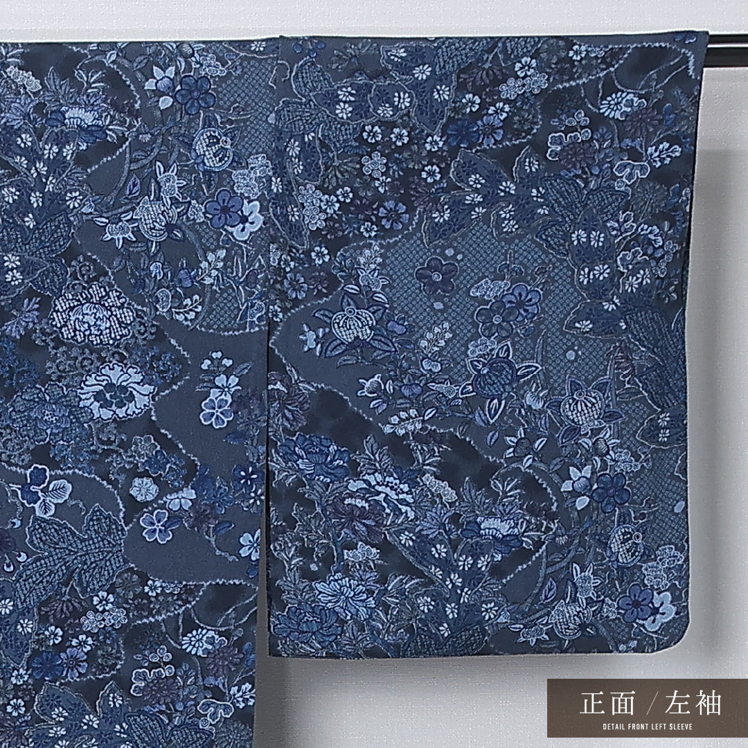 小紋 身丈164cm 裄丈64.5cm Sランク L 正絹 単衣 広衿 エレガント 藍型 ちりめん 橘 菊 桜 カジュアル 紺系 1215-12314