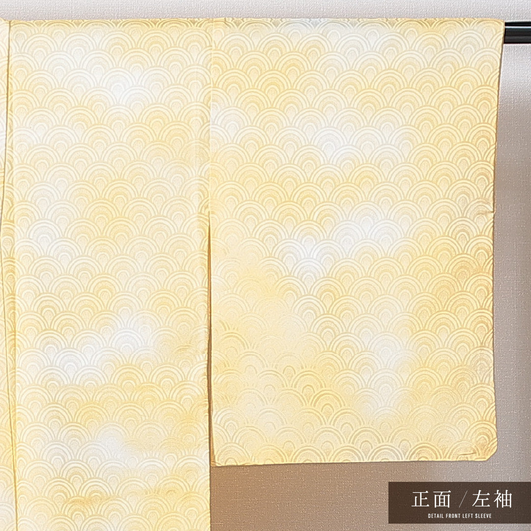 洗える着物 色無地 袷 身丈163cm 裄丈64cm ポリエステル Bランク 紋意匠 (青海波) インフォーマル 広衿 Lサイズ ぼかし染 青海波 黄系 HP 1219-14922