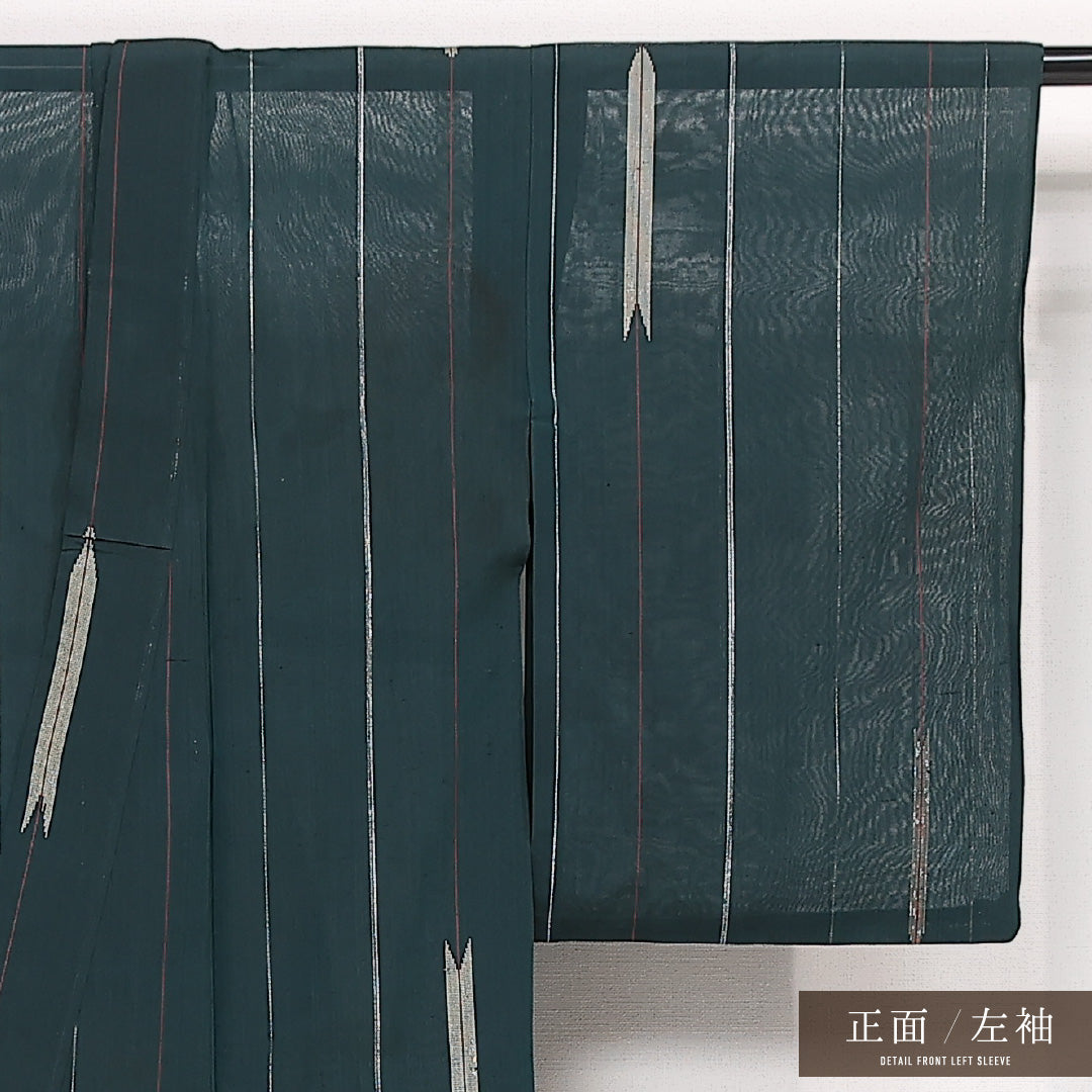 アンティーク 小紋 紗 身丈153cm 裄丈62cm Aランク 正絹 バチ衿 Sサイズ 矢絣 レトロ 大正ロマン 緑系 1215-13348