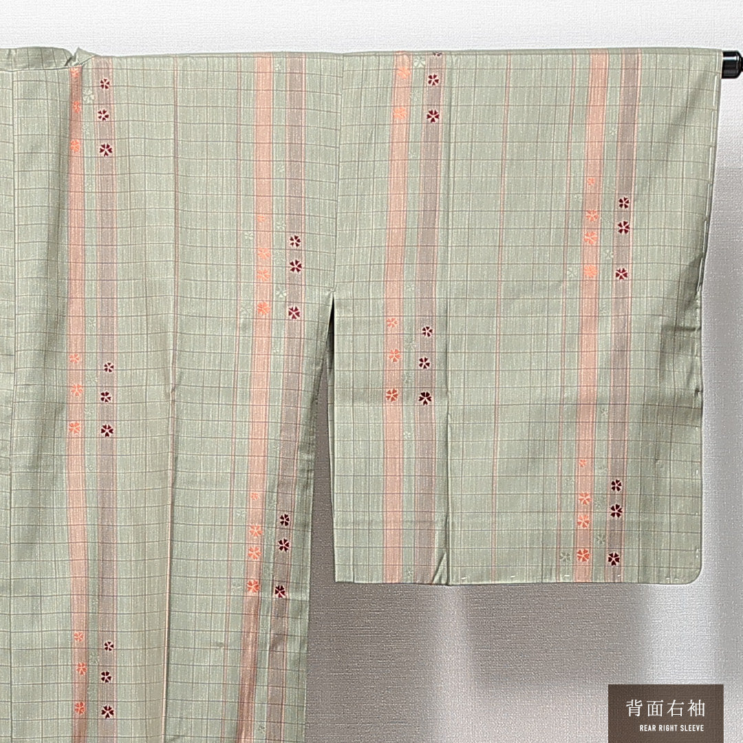 道行コート 袷 身丈132cm 裄丈66cm 正絹 Sランク Mサイズ インフォーマル ポケットあり 格子 桜 緑系 1263-14846