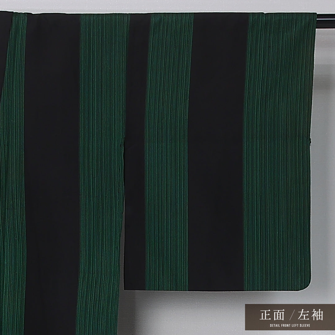 紬 単衣 身丈153cm 裄丈62cm 正絹 Aランク カジュアル バチ衿 Sサイズ 縞 緑系 RP 1223-12375