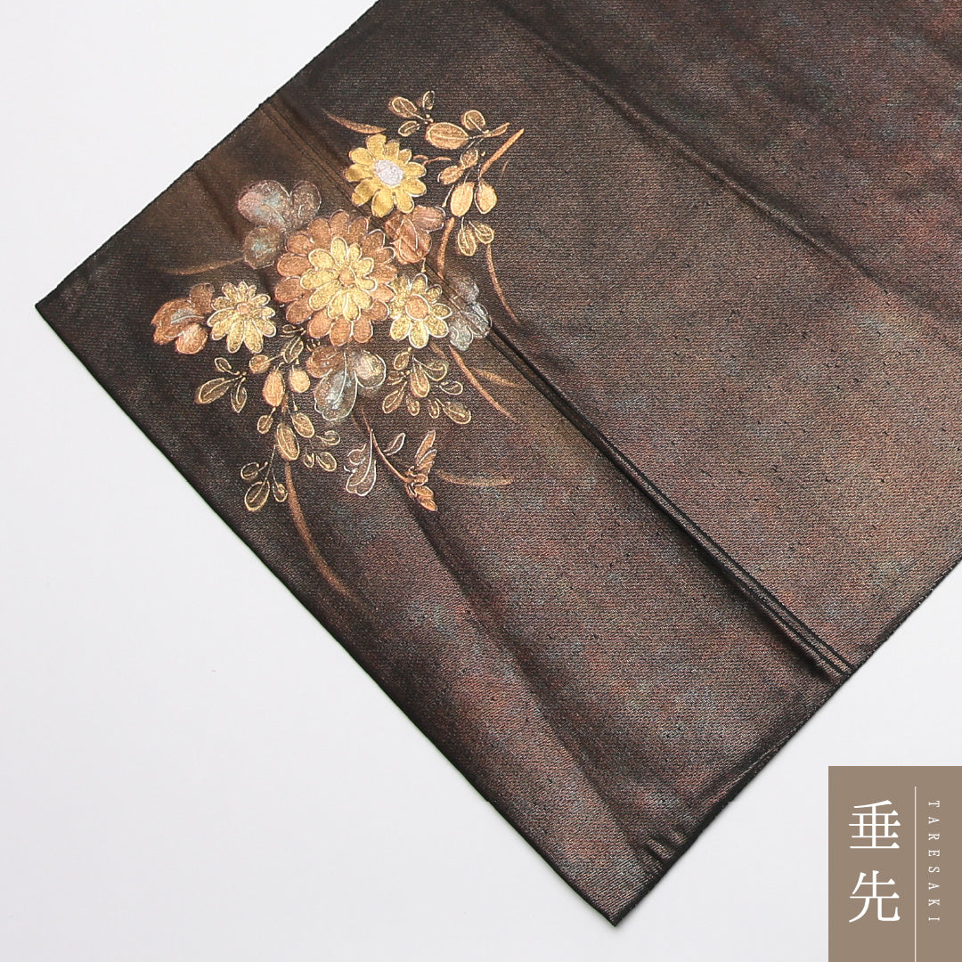 袋帯 帯丈436cm 六通 旭水 菊 作家物 友禅 フォーマル 落款 黒系 正絹 Aランク 1223-01196