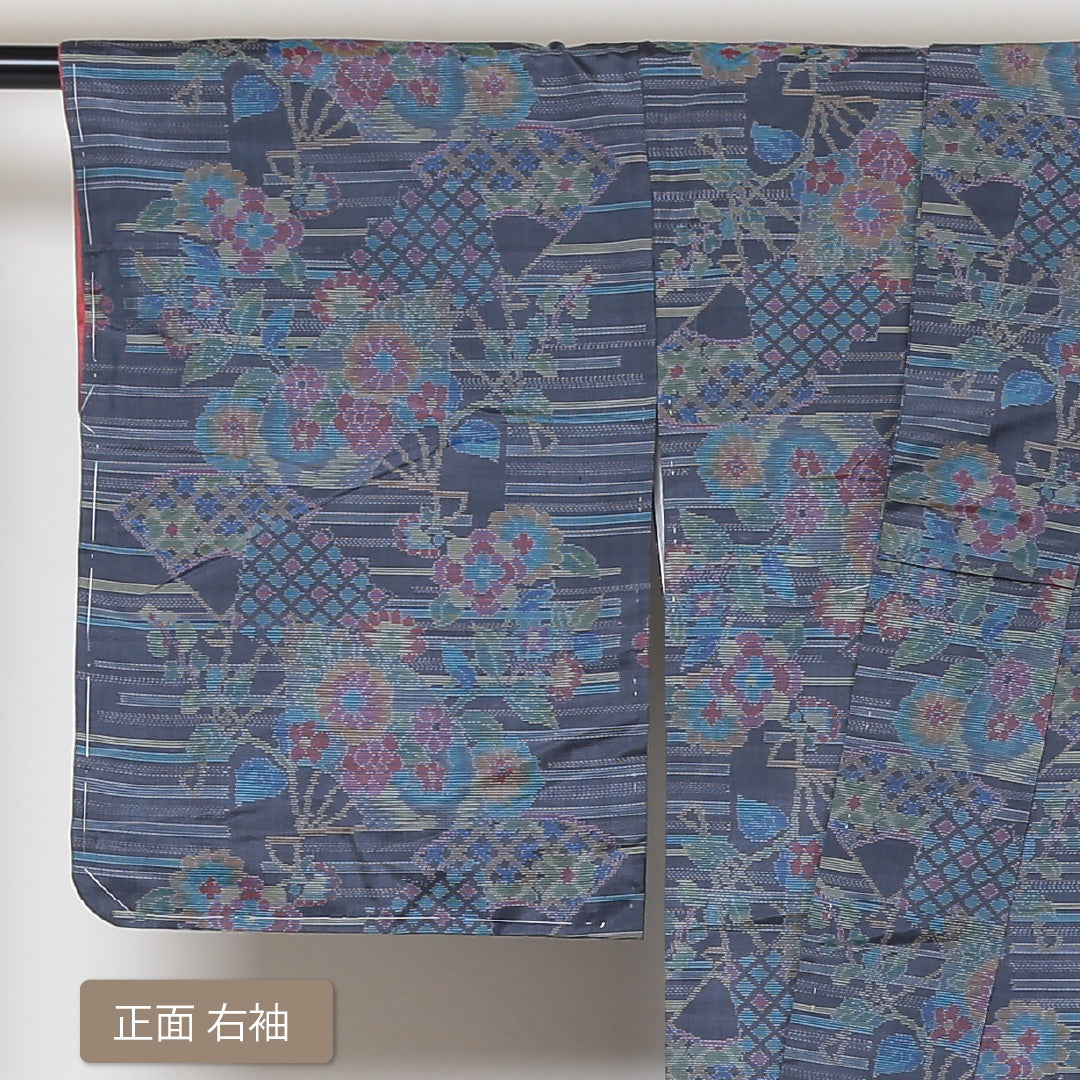 大島紬 袷 身丈159cm 裄65cm 正絹 青系 Aランク 色大島 しつけ糸 1216-00534-3317 1216-00534