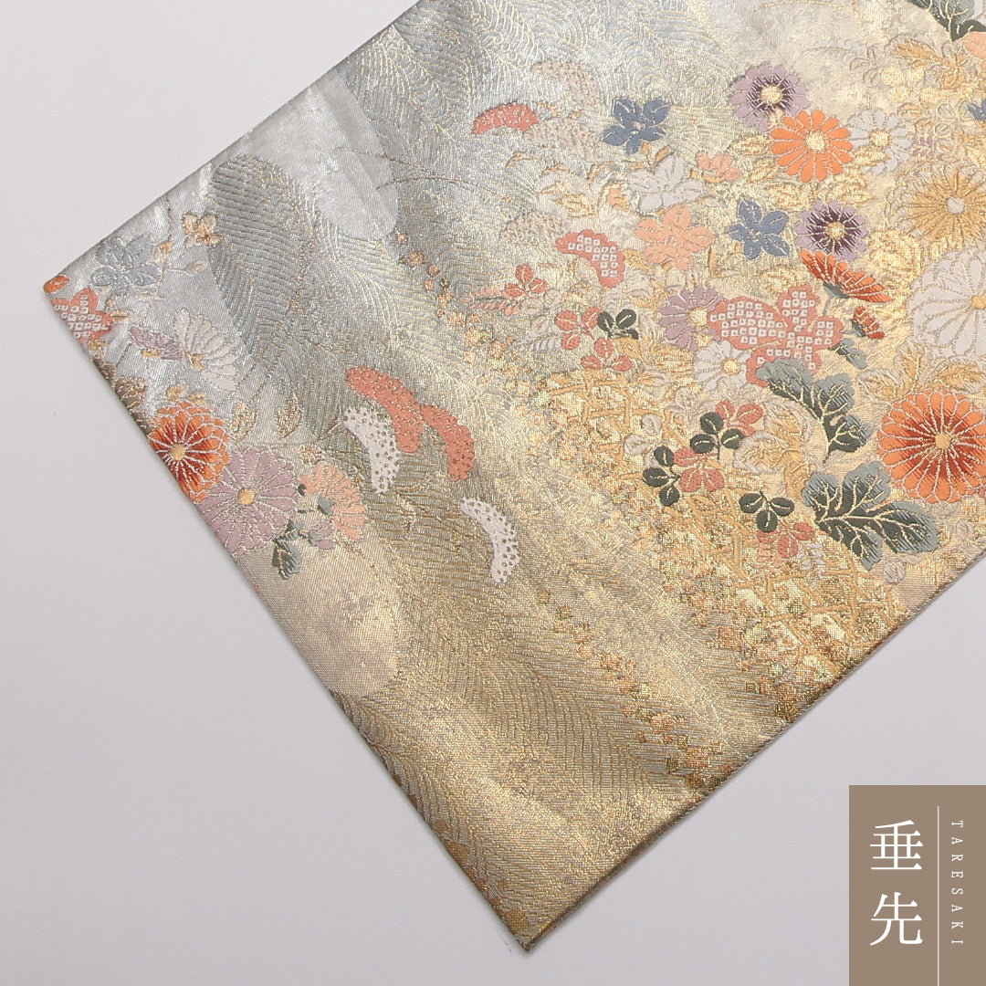 袋帯 帯丈440cm 正絹 六通 フォーマル 琳派 光悦垣 光琳波 四季草花 金系 1243-01458