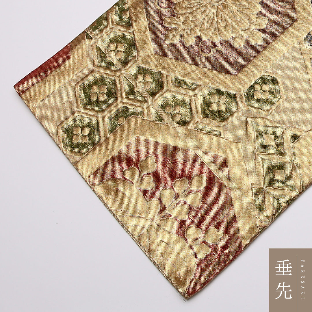 袋帯 帯丈416cm 正絹 六通 帯端のみ未仕立て 帯芯なし フォーマル 花菱亀甲 菊 桐 金系 1243-01063