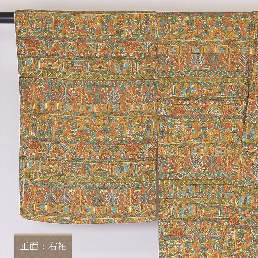 小紋 袷 身丈150cm 裄丈63cm 正絹 Sランク インフォーマル バチ衿 Sサイズ 更紗 コプト文様 黄系 RP 1221-02016