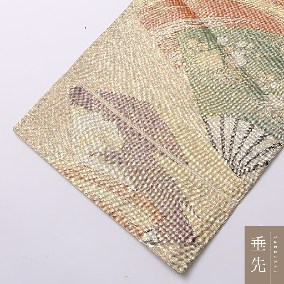 袋帯 帯丈432cm 六通 未仕立て フォーマル Aランク 正絹 雲取り 扇 古典的 落ち着き 金系 1223-01610
