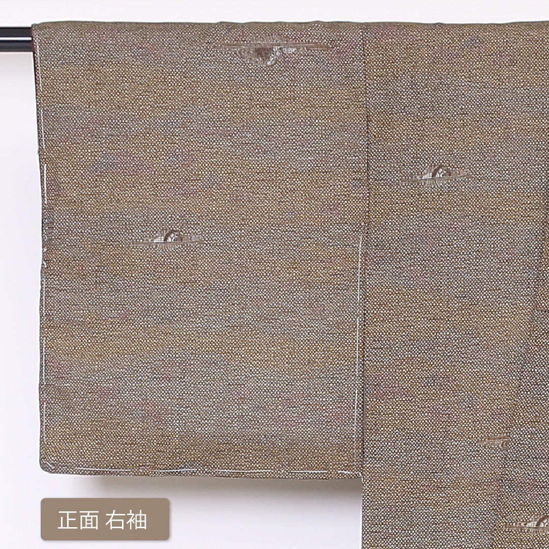 未使用品 真綿紬 袷 身丈157cm 裄丈61cm 正絹 Sランク カジュアル バチ衿 Mサイズ ぼかし染 しつけ糸 石庭 茶系 PO 1223-03286