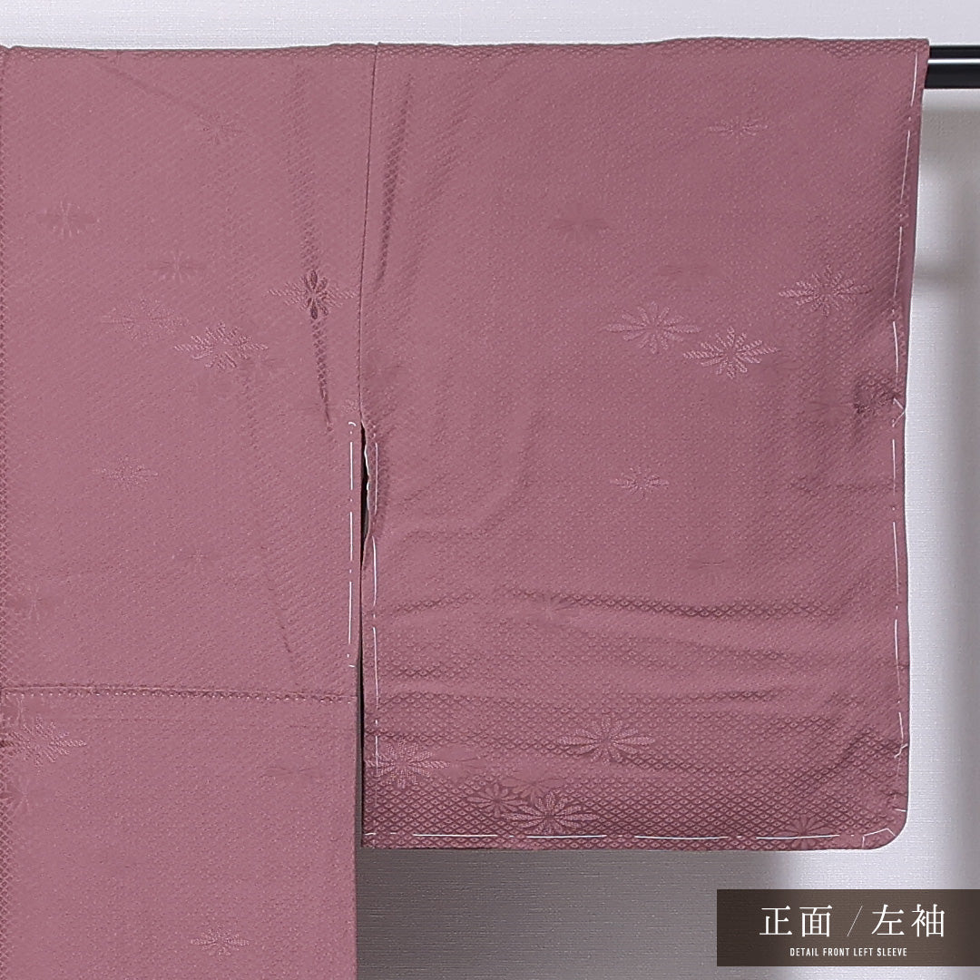 色無地 袷 身丈154cm 裄丈63cm 正絹 Sランク 紋意匠 (鹿の子と菊) インフォーマル 広衿 Sサイズ しつけ糸 無地 ピンク系 RP 1219-11694