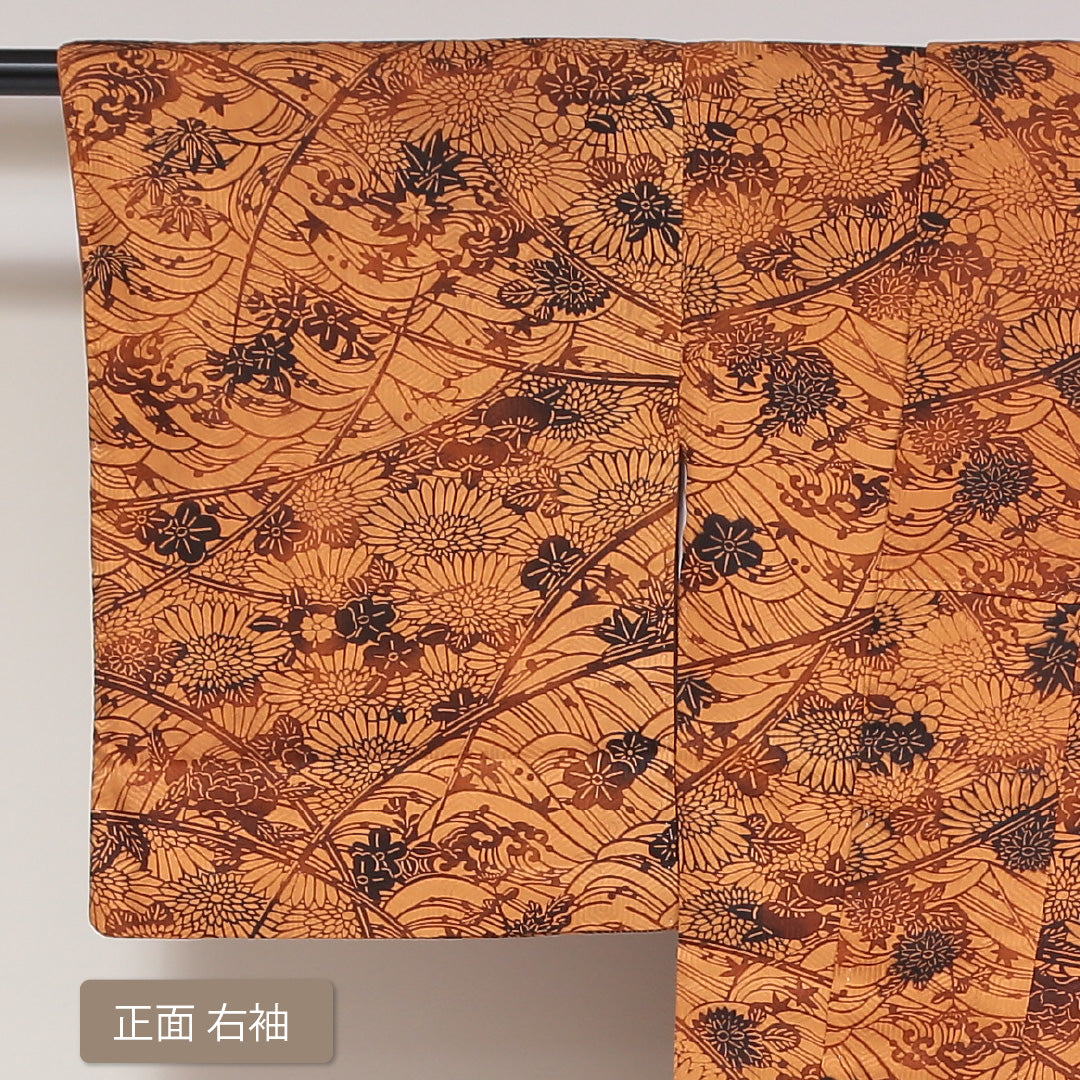 小紋 袷 身丈165cm 裄丈65cm 正絹 Sランク インフォーマル 広衿 XLサイズ しつけ糸 花柄 紅葉 茶系 RP 1221-01737