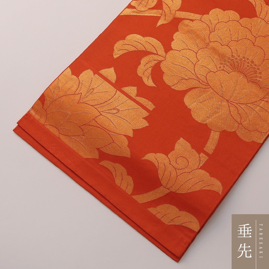 本袋帯 帯丈444cm フォーマル 全通 Sランク 正絹 唐華 蓮 朱系 1223-01894