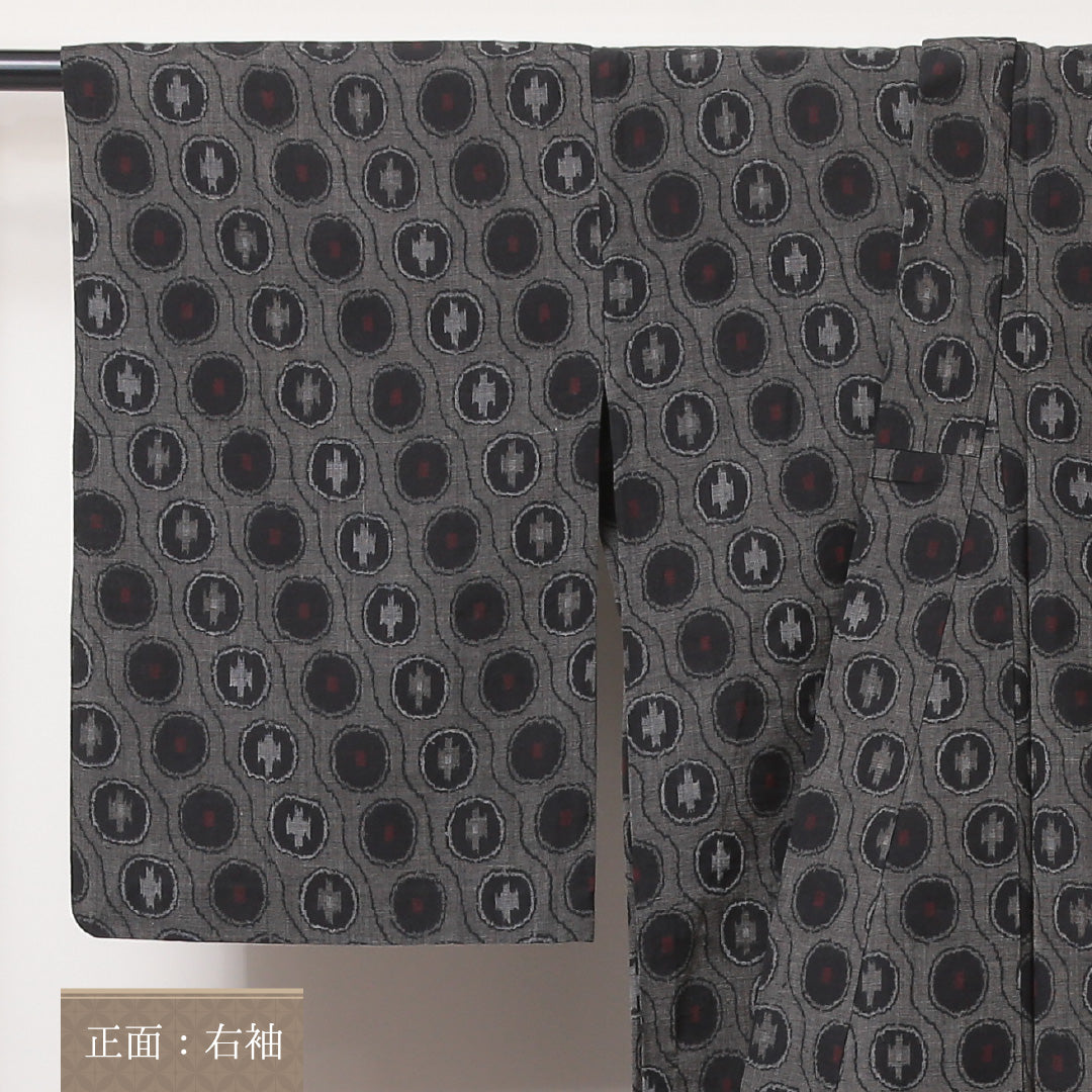 ウールの紬 洗える着物 単衣 身丈148cm 裄丈62cm ウール Bランク XSサイズ バチ衿 カジュアル 丸紋 グレー系 1216-03494