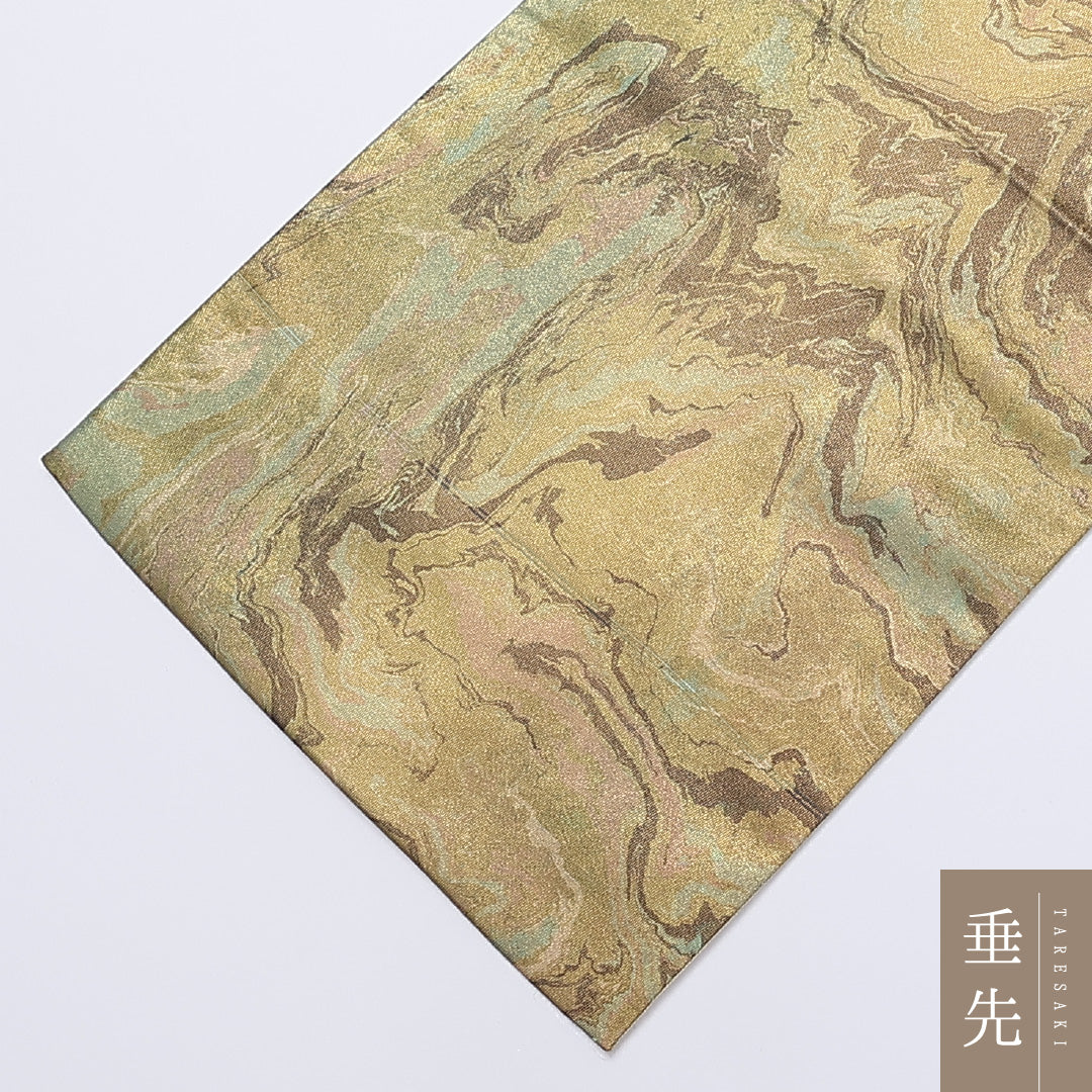 袋帯 帯丈452cm 六通 墨流し 引箔 カジュアル 金系 正絹 Sランク 1223-00948