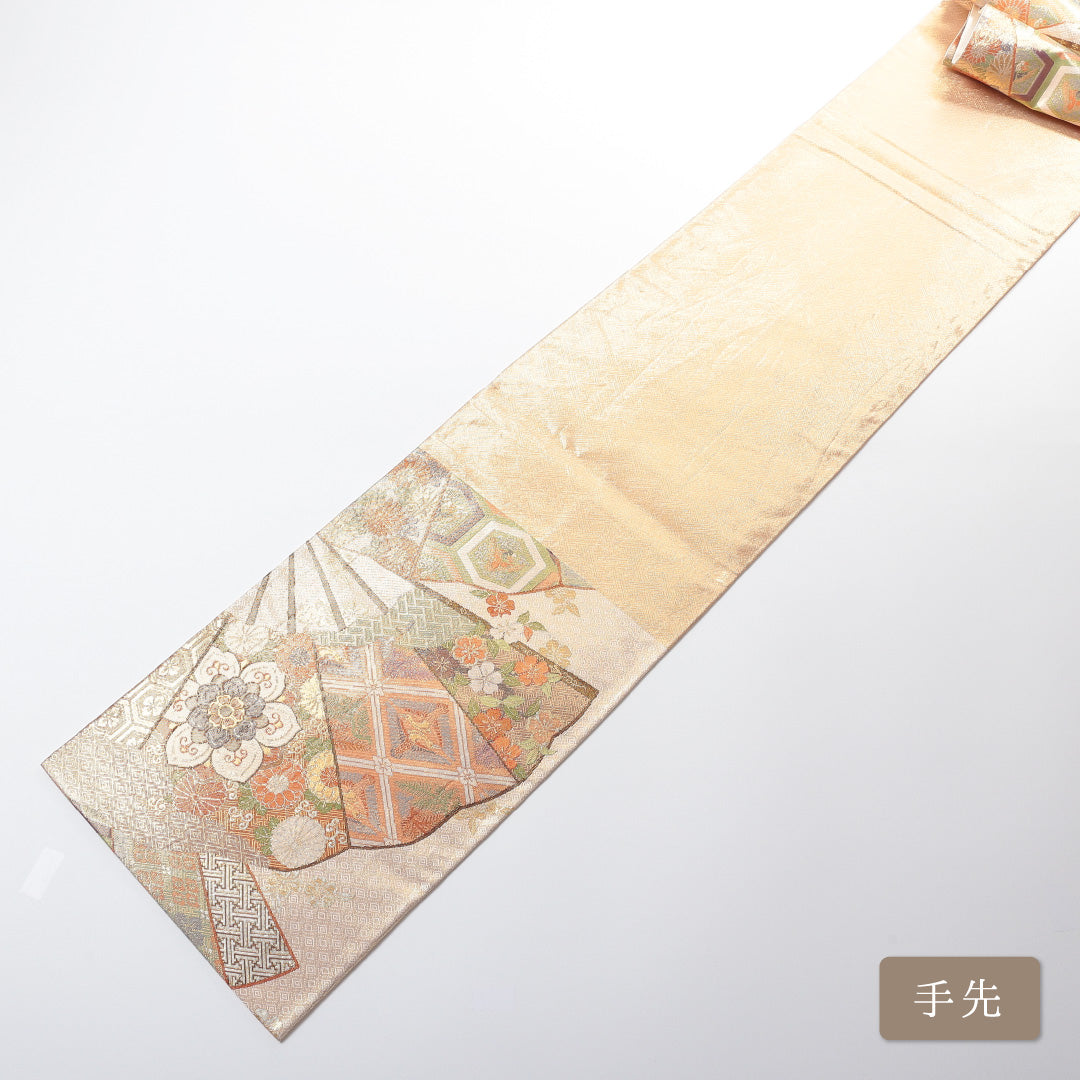 袋帯 帯丈440cm 六通 仕立て上がり フォーマル 綴れ織 Sランク 扇子 花扇 宝相華 吉祥文様 金系 1223-00694-221 1223-00694