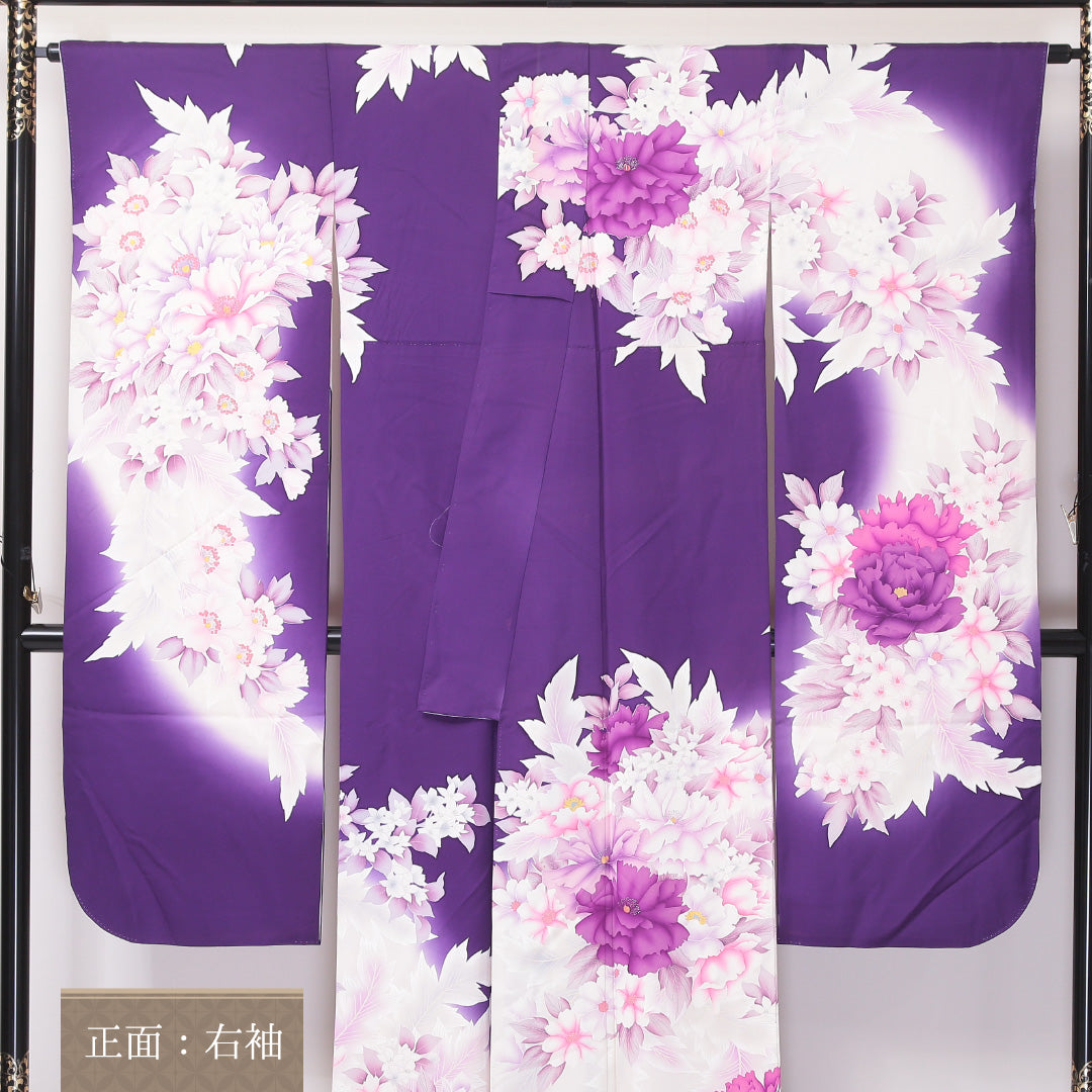 振袖 身丈171cm 裄丈68cm Bランク 袷 正絹 広衿 銀彩 牡丹 桜 1213-F0060