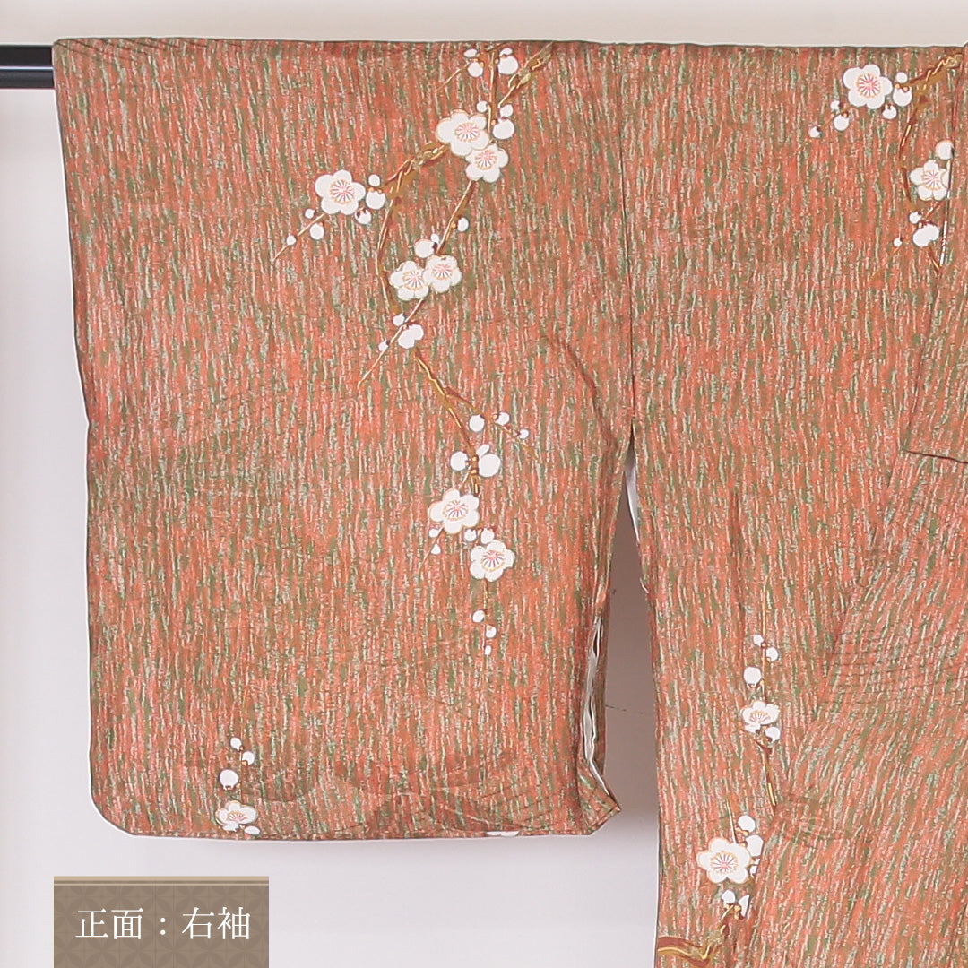アンティーク 小紋 袷 身丈147cm 裄丈65cm 正絹 Aランク XSサイズ 広衿 梅 朱系 紫系 1215-02093