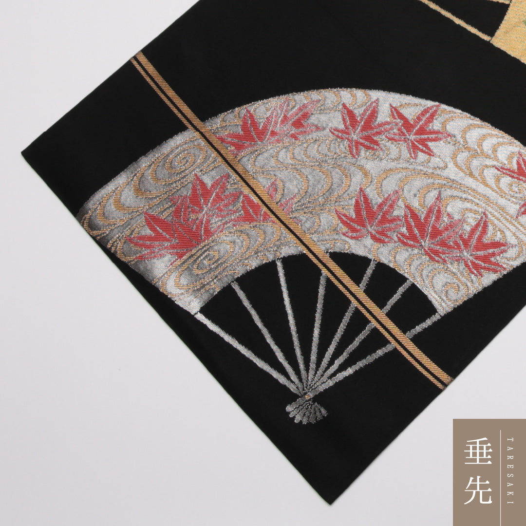 袋帯 帯丈404cm 正絹 全通 フォーマル 綴れ織 花扇 龍田川 落款 黒系 1243-01136