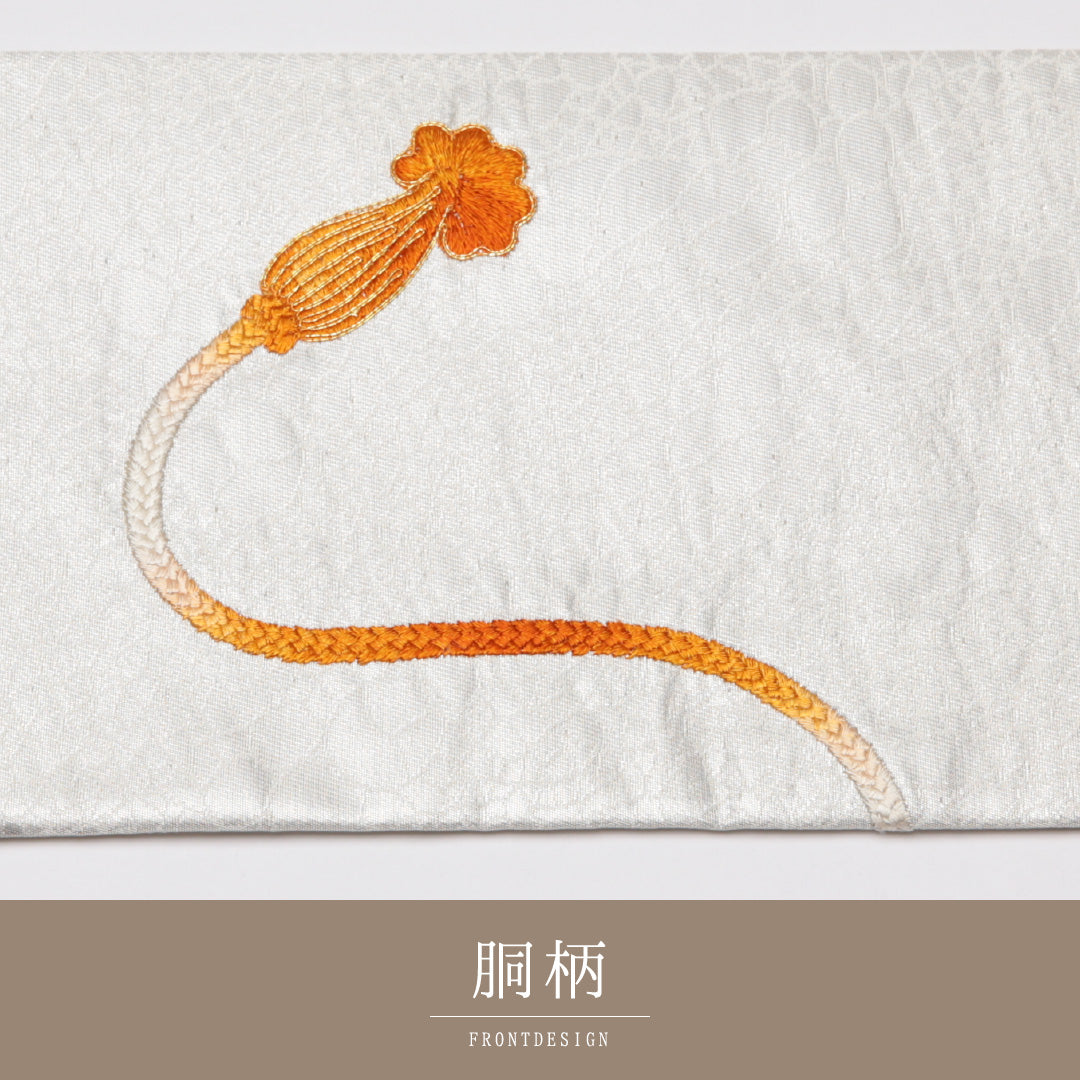 九寸名古屋帯 帯丈368cm 正絹 六通 名古屋仕立て 織り セミフォーマル 引箔 金箔 刺繍 金駒刺繍 鏡裏文 組紐 菖蒲 銀系 RP 1245-01521