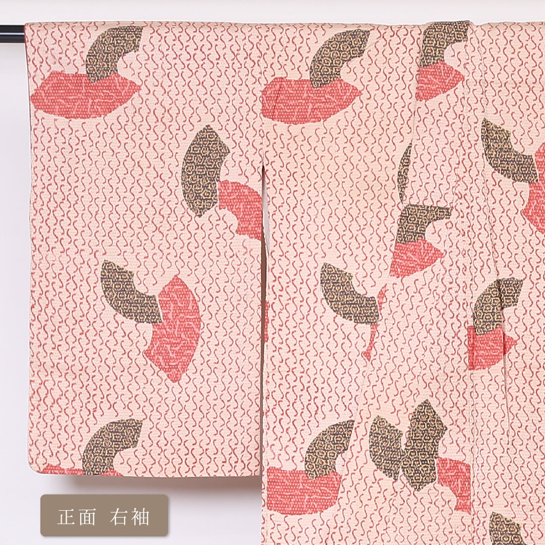 紬 袷 身丈152cm 裄丈65cm 正絹 Aランク Sサイズ バチ衿 カジュアル 扇 朱系 1216-03329