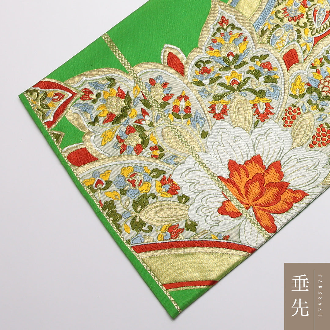 振袖用 袋帯 帯丈422cm 正絹 六通 唐織 宝相華 緑系 1243-01333