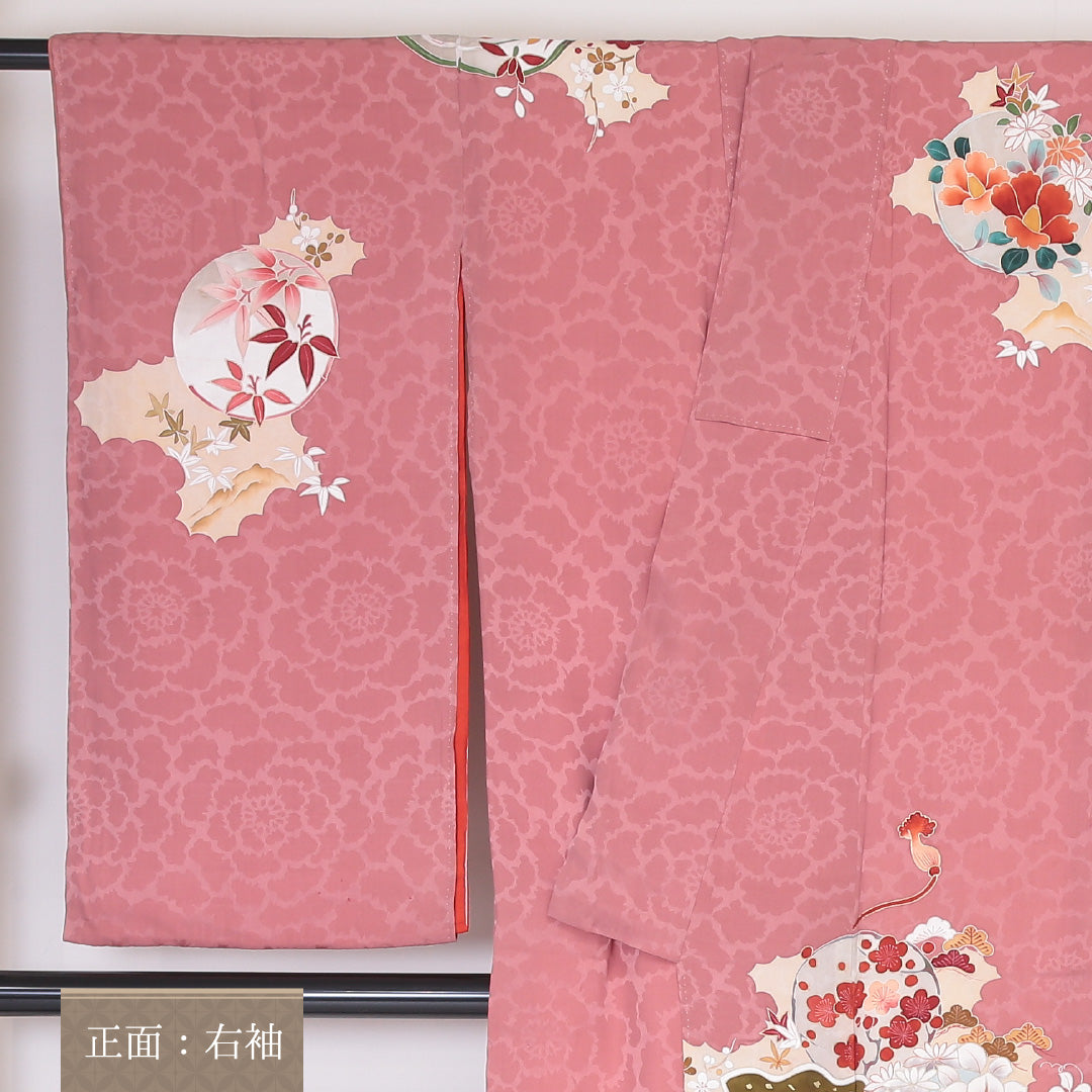 アンティーク 訪問着 (錦紗) 袷 身丈151cm 裄丈63cm 正絹 Aランク 紋意匠 (吉祥文様) 広衿 Sサイズ 花柄 吉祥文様 ピンク系 RP 1217-04501