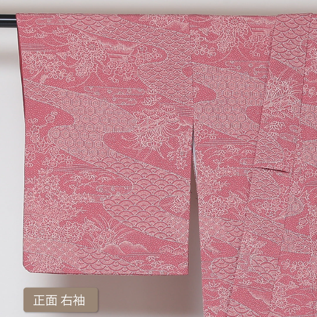 小紋 袷 身丈157cm 裄丈64cm 正絹 Aランク Mサイズ バチ衿 インフォーマル ちりめん 茶屋辻 青海波 ピンク系 1215-01505