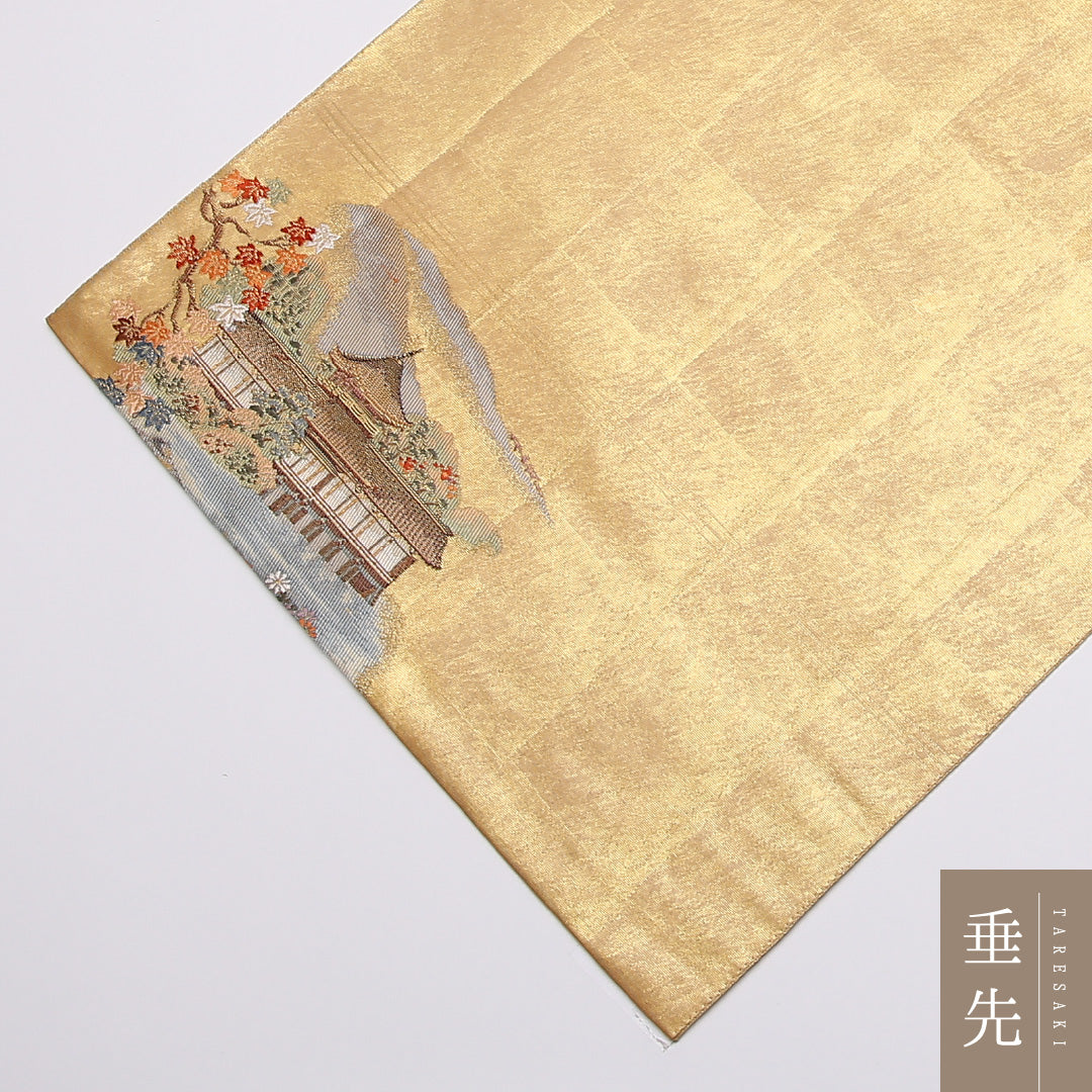 袋帯 帯丈434cm 六通 大和路散策絵文 本金箔 梅 竜胆 寺社仏閣 笠松 フォーマル 金系 正絹 Aランク 1223-01093
