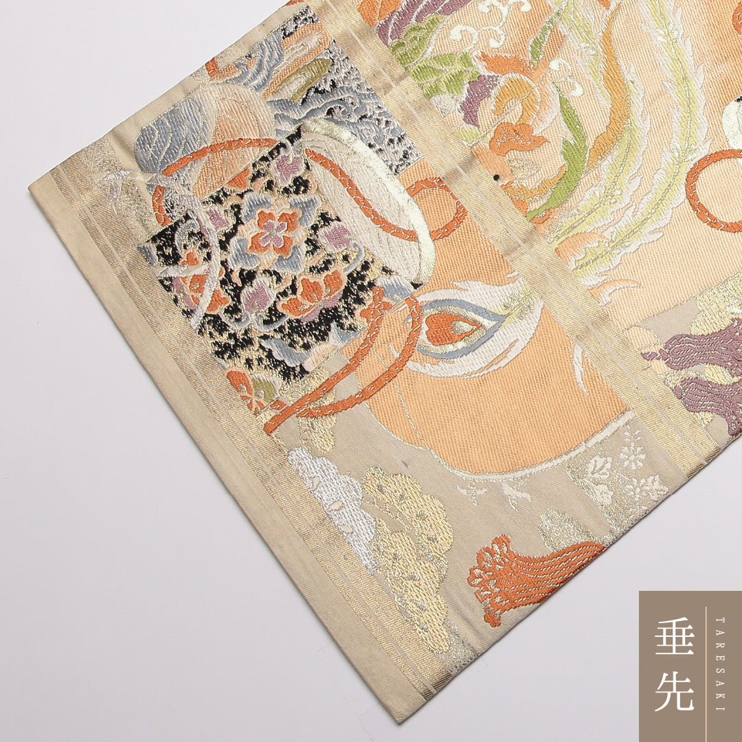 アンティーク 丸帯 帯丈400cm 正絹 全通 唐織 鳳凰 貝桶 クリーム系 1242-01377