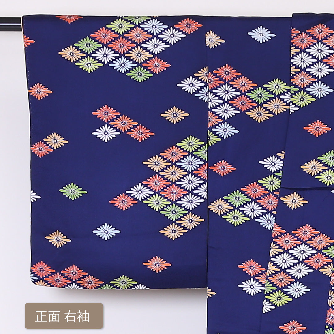 洗える着物 小紋 袷 身丈163cm 裄丈63cm ポリエステル Sランク インフォーマル 広衿 Lサイズ 菊菱 紺系 RP 1221-01970