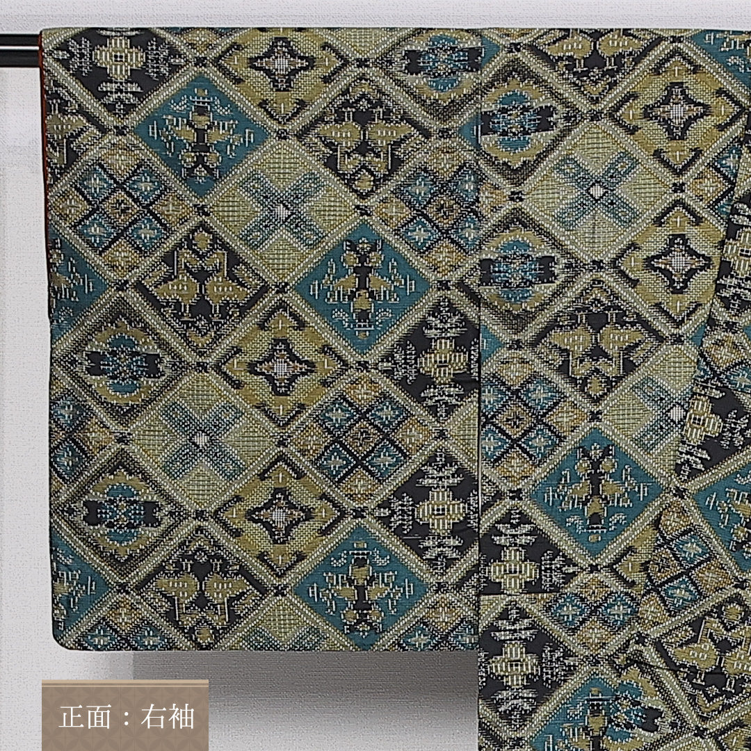 紬 袷 身丈158cm 裄丈64cm 正絹 Aランク カジュアル 広衿 Mサイズ 菱 幾何学柄 黄系 HP 1223-10479