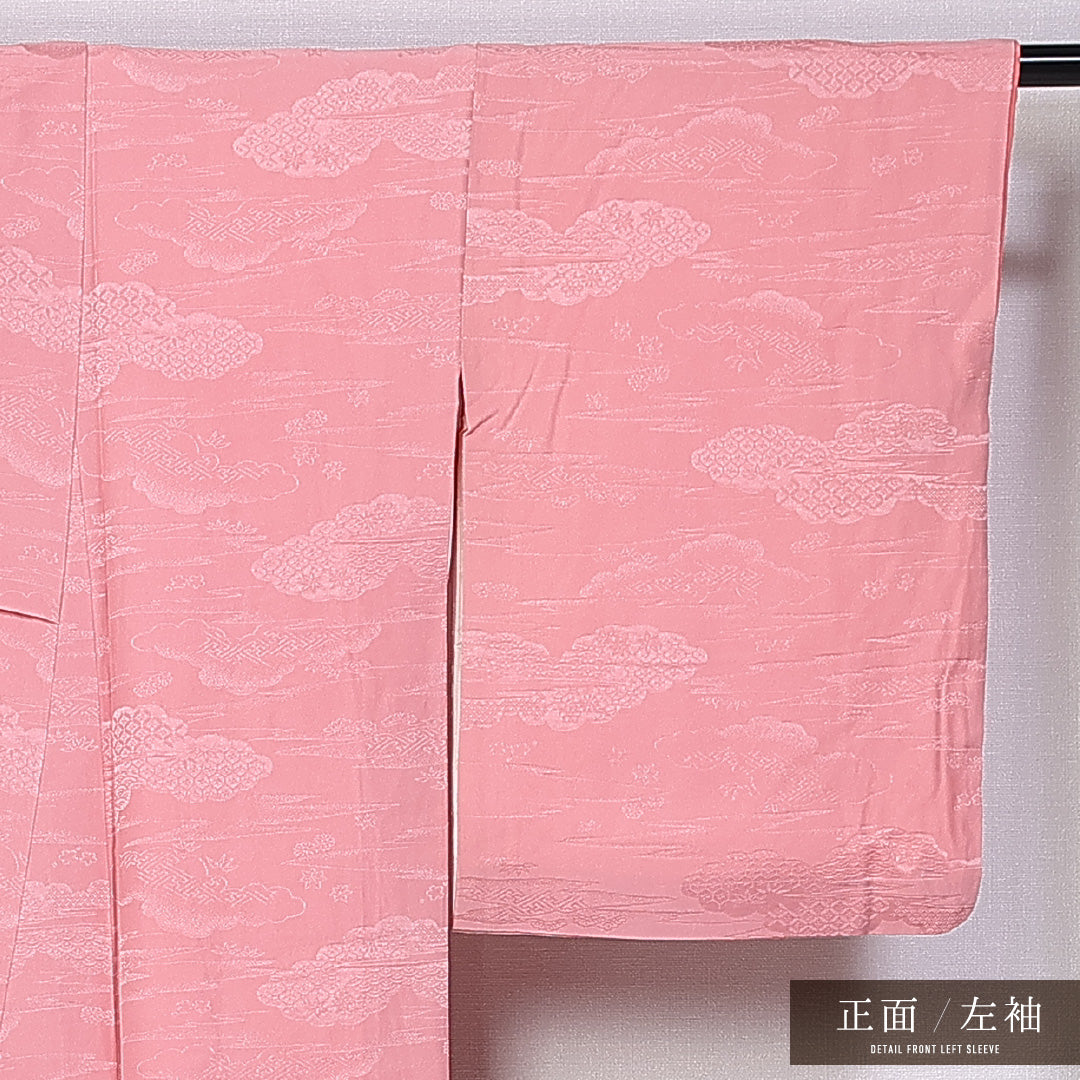 色無地 袷 身丈159cm 裄丈55cm 正絹 Sランク 紋意匠 (吉祥文様) インフォーマル 広衿 Mサイズ 織り出し 無地 ピンク系 RP 1219-11198