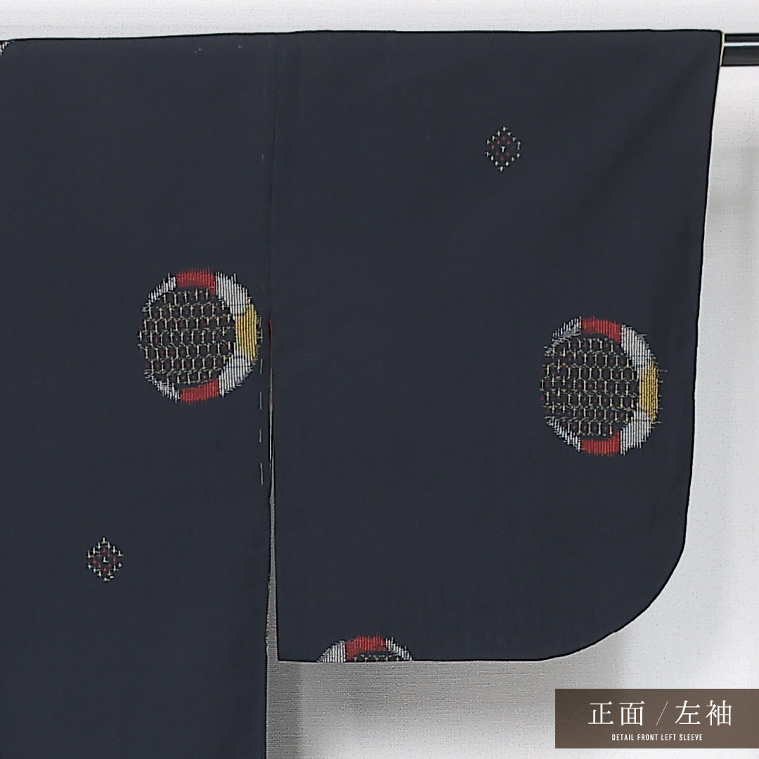 アンティーク お召 袷 身丈146cm 裄丈63cm 正絹 Bランク 広衿 XSサイズ 月 紺系 M4 1222-11991