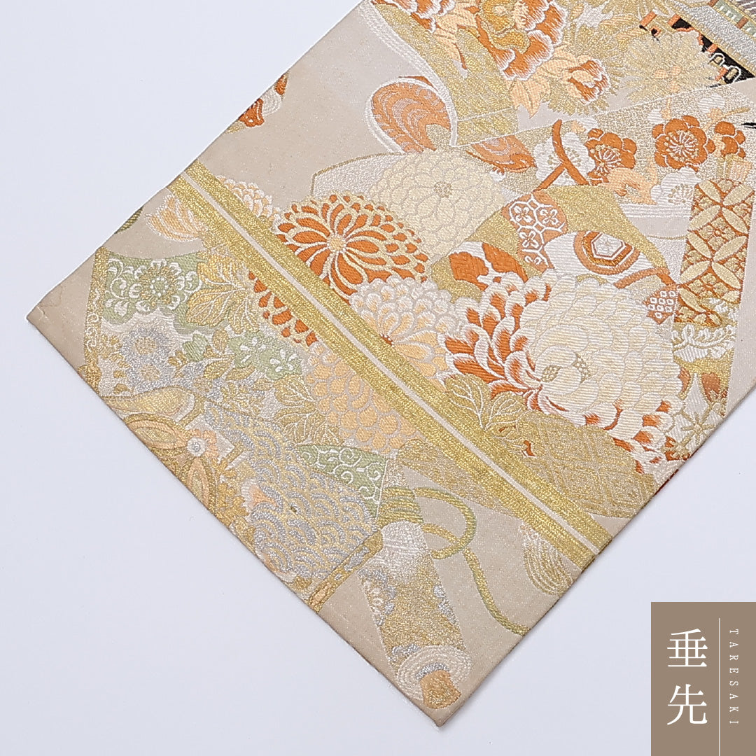 アンティーク 丸帯 帯丈408cm 正絹 全通 鶴 楼閣 クリーム系 1242-00907