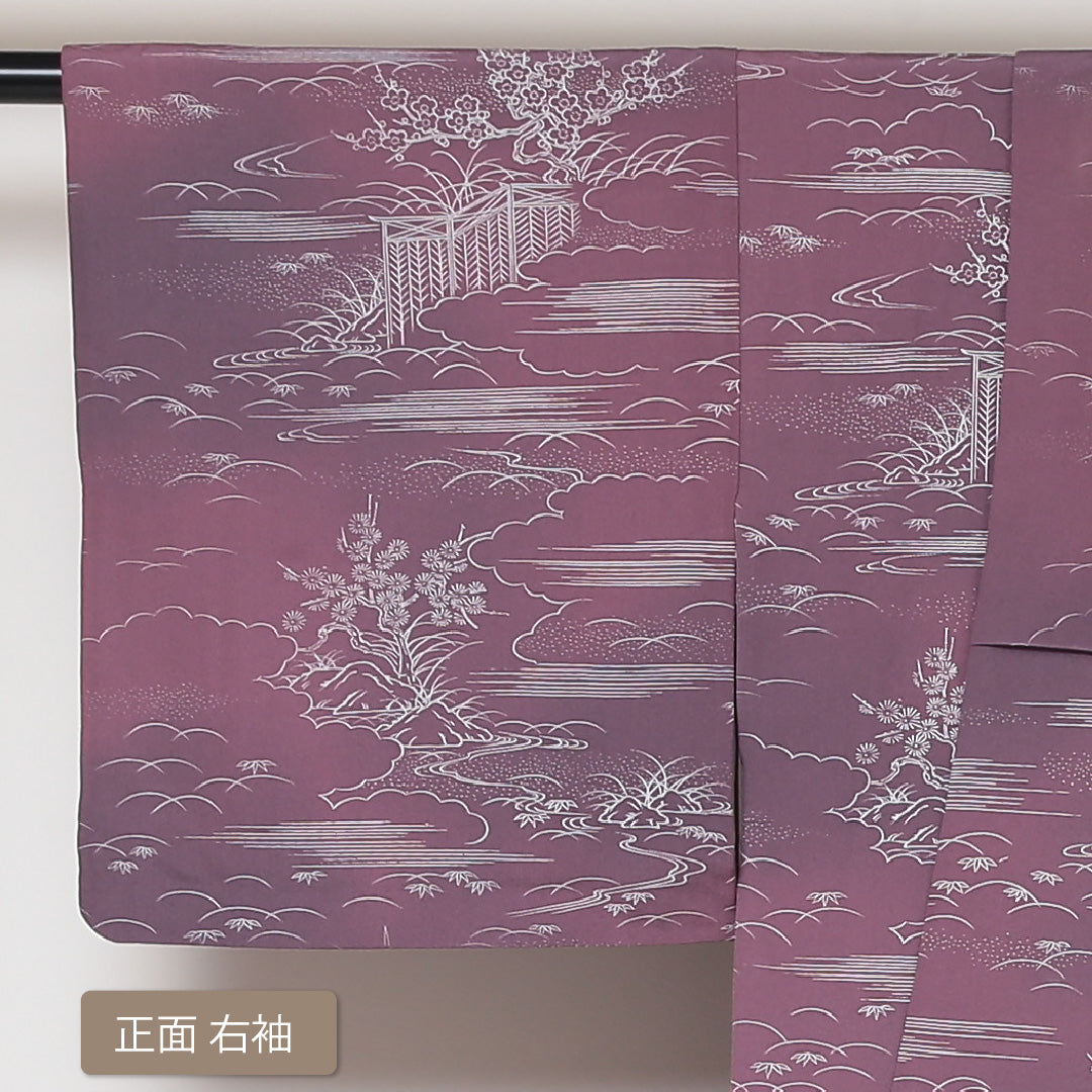 小紋 袷 身丈152cm 裄丈64cm 正絹 Aランク インフォーマル 広衿 Sサイズ ぼかし染 御所解 紫系 HP 1221-01608