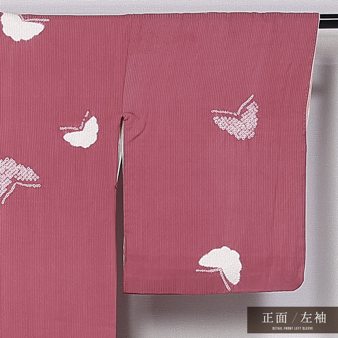 小紋 袷 身丈162cm 裄丈64cm 正絹 Sランク インフォーマル 広衿 Lサイズ 絞り 蝶 ピンク系 RP 1221-11016