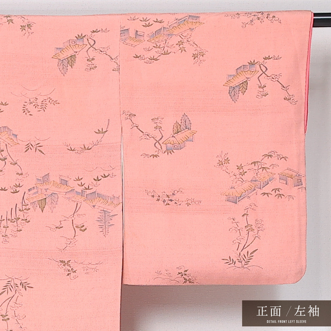 小紋 袷 身丈160cm 裄丈64cm 正絹 Sランク インフォーマル 広衿 Lサイズ 茶屋辻 ピンク系 RP 1221-12040