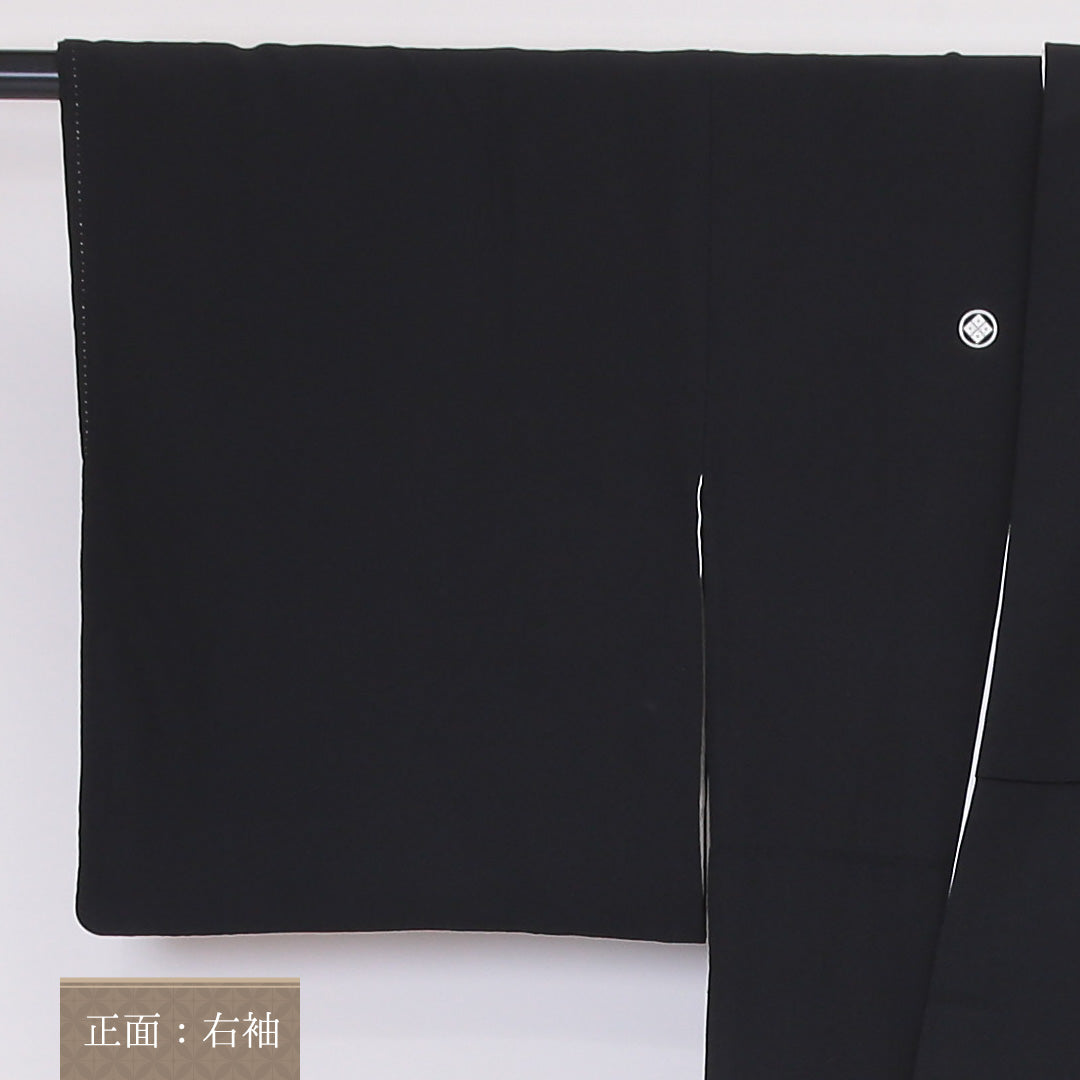 黒留袖 五つ紋 丸に四ツ目菱 身丈161cm 裄丈64cm Aランク 正絹 袷 比翼 広衿 L 落款 たたき染 御所車 梅 松 フォーマル 黒系 1211-F0218