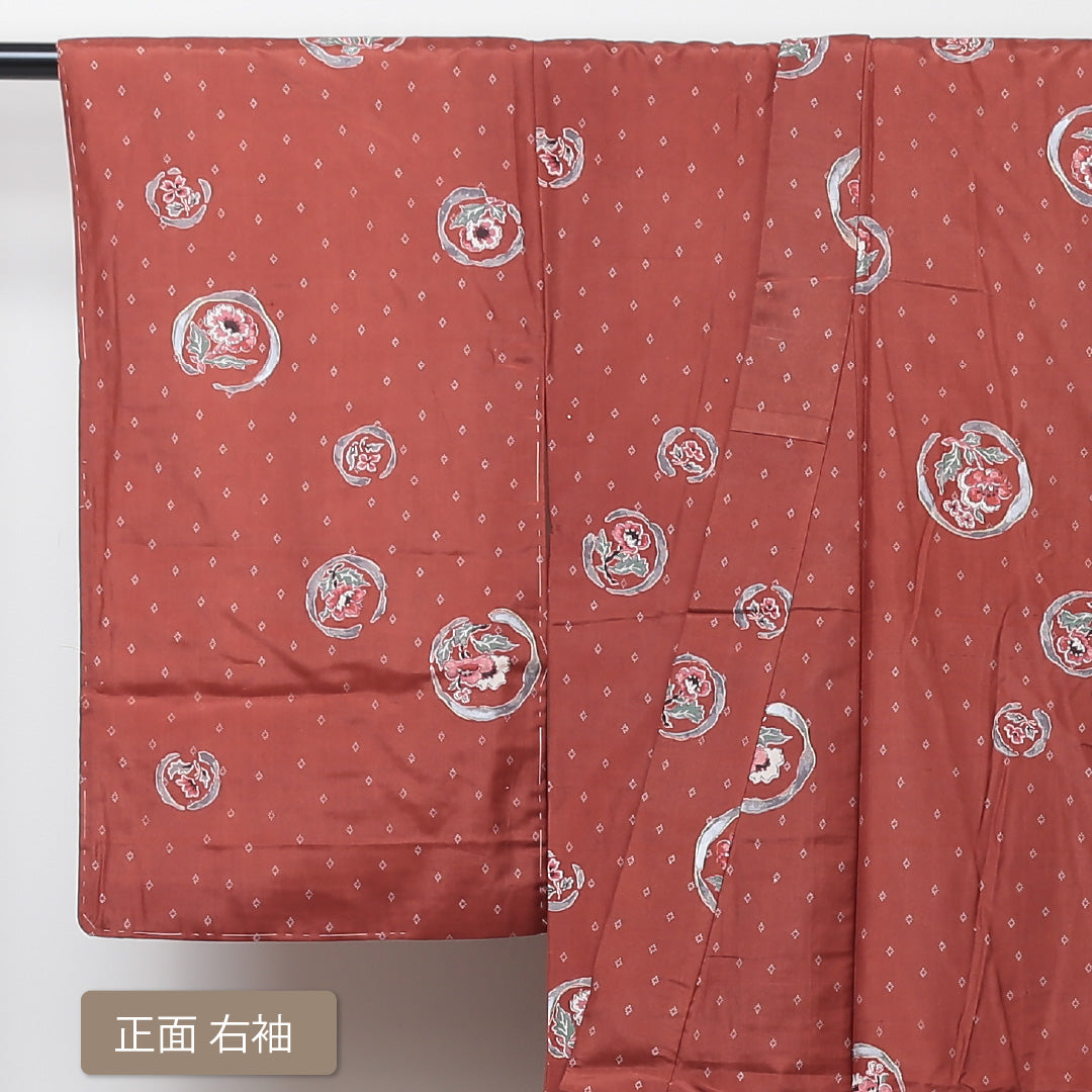 アンティーク 小紋 袷 身丈145cm 裄丈62cm 正絹 Bランク バチ衿 XSサイズ 花柄 朱系 RP 1221-01334