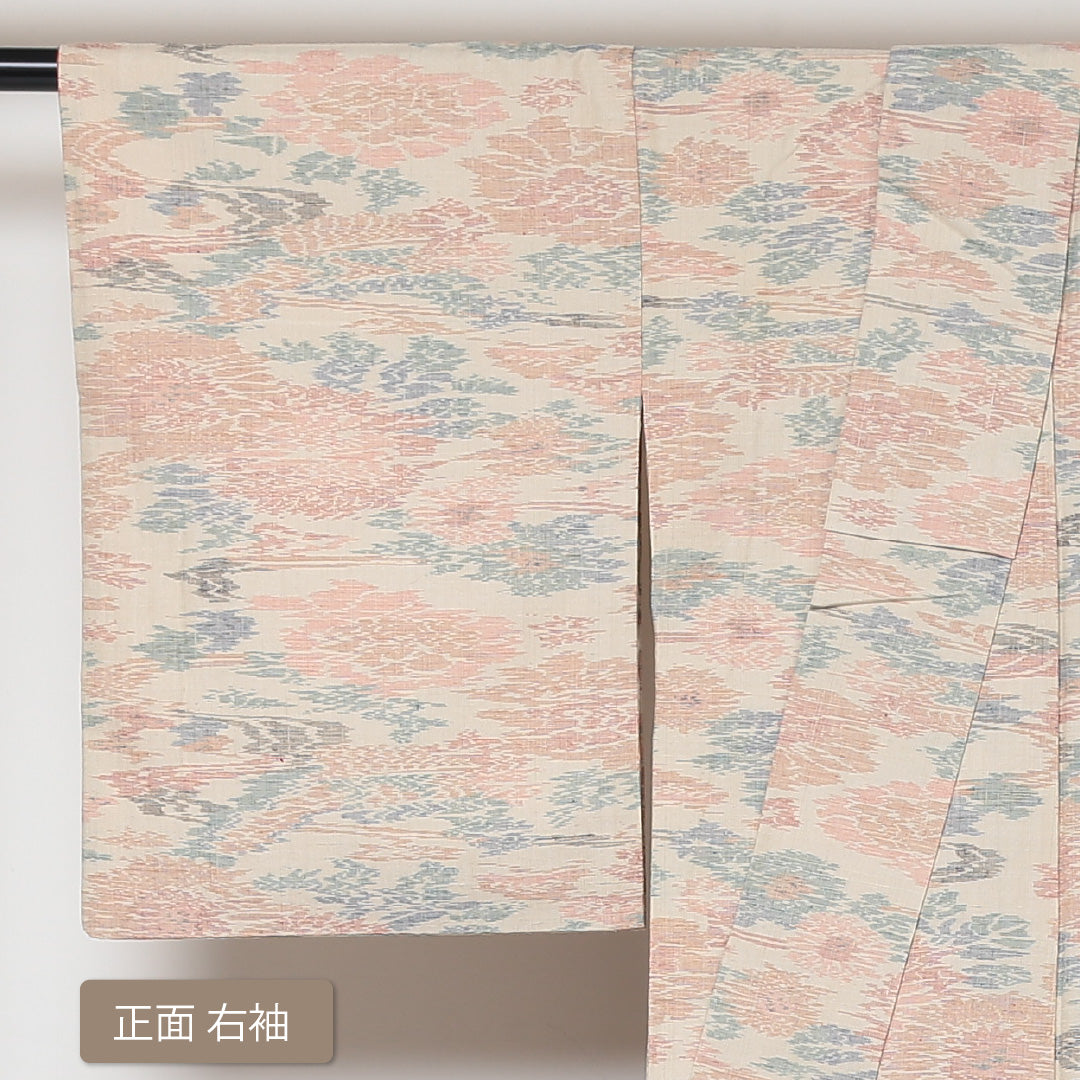 紬 袷 身丈152cm 裄丈63cm 正絹 Sランク カジュアル 広衿 Sサイズ 船 流水 菊 クリーム系 RP 1223-03096