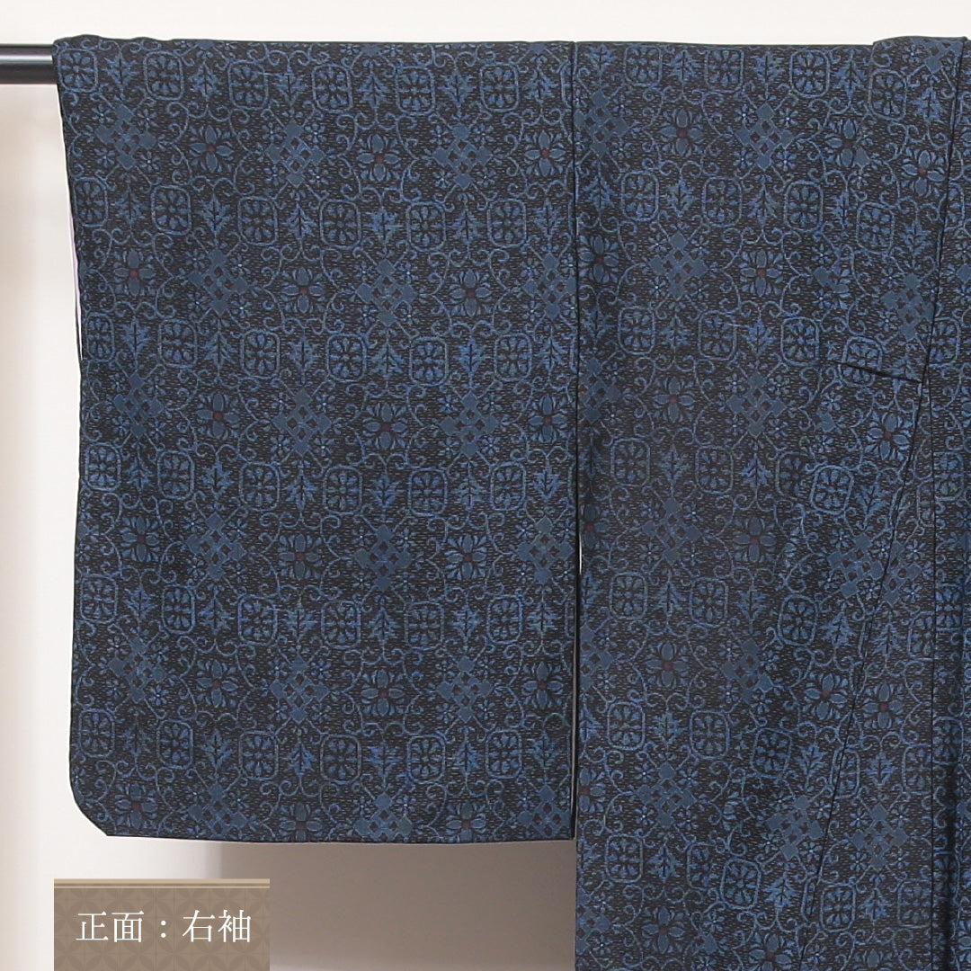紬 袷 身丈158cm 裄64cm 正絹 オリエンタル 紺系 Sランク 1216-01029
