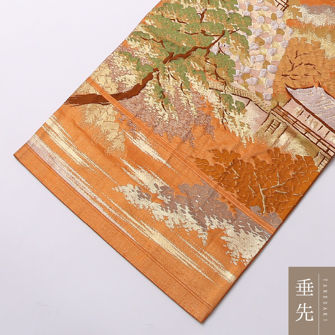 袋帯 帯丈436cm 正絹 六通 セミフォーマル 城 楼閣 松 金系 朱系 1243-01564